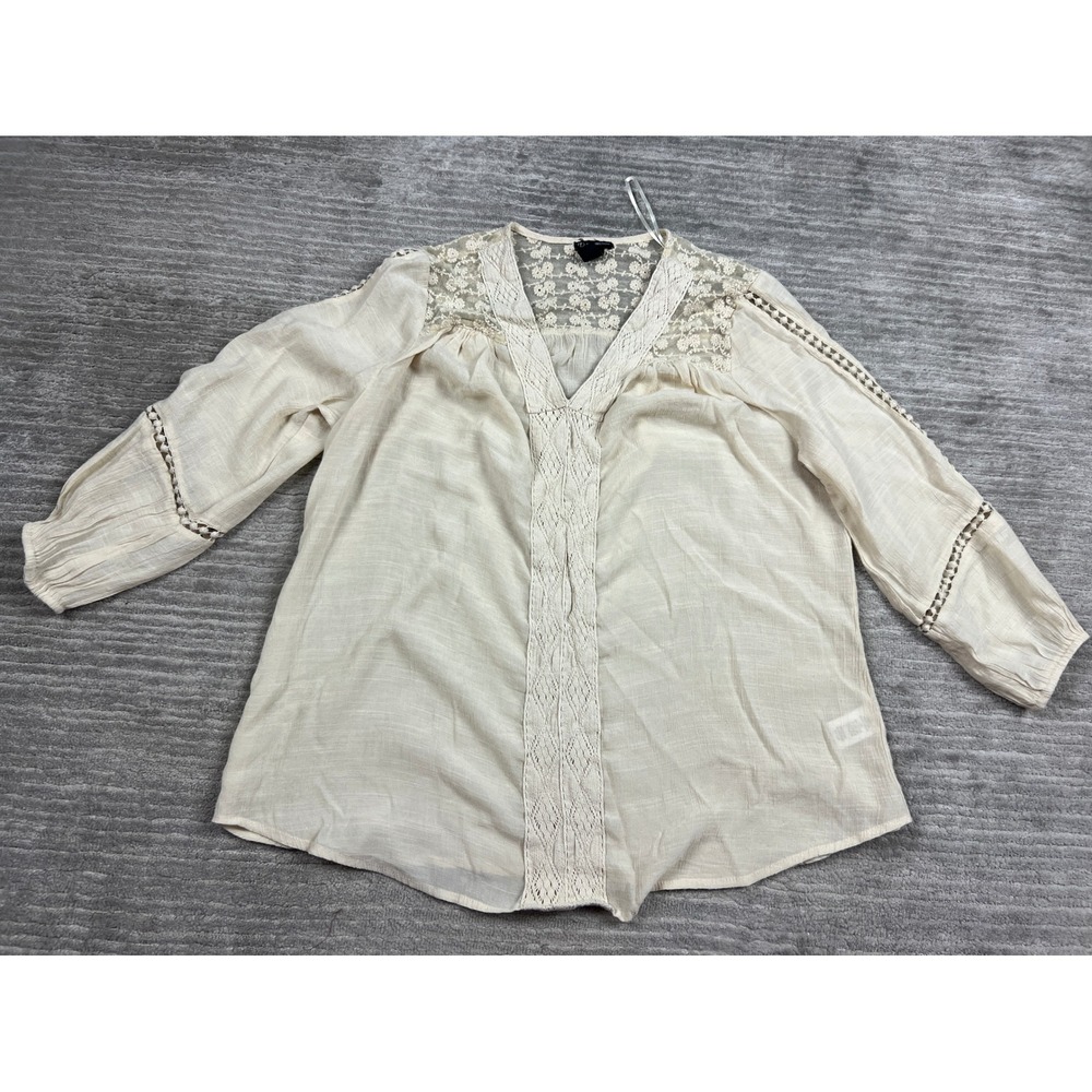 New Directions Blouse Womens M Cream Lace Trim V-Neck Peasant Boho Crochet Gauze